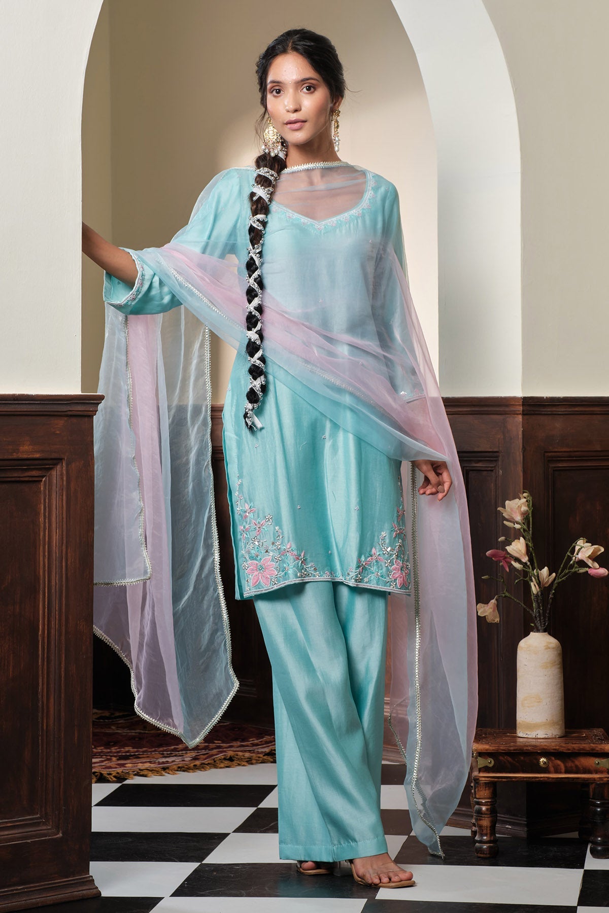 Buy Pastel Blue Floral Kurta Set for women online available at Scrollnshops